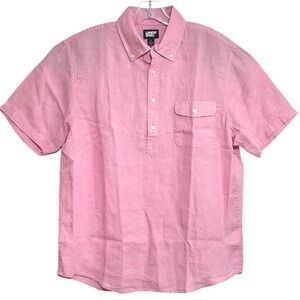 Lands End Popover Shirt Men Pink 100% Linen Short Sleeve Coastal Resort  L